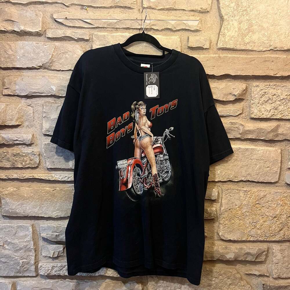 Vintage Fruit of the Loom Bad Boys Toys Motorcycle Pinup T-Shirt Size 2XL